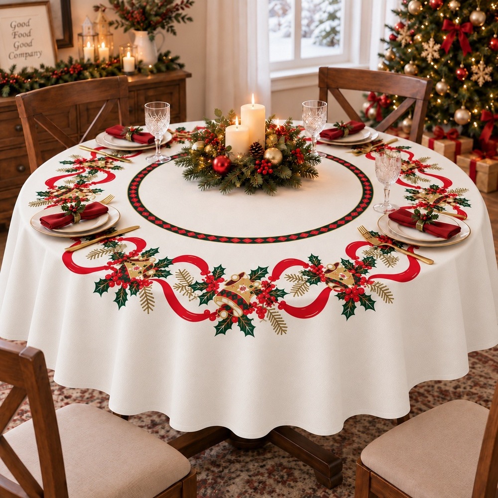 Vtg 90s Christmas Tablecloth 70" Round Bells Holly Spain NOS